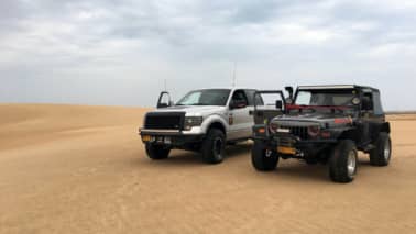 Traveling through the desert in prepared off-road vehicles